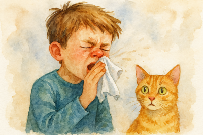 watercolor of a boy holding a tissue up to his nose mid-sneeze while an orange cat looks on nearby