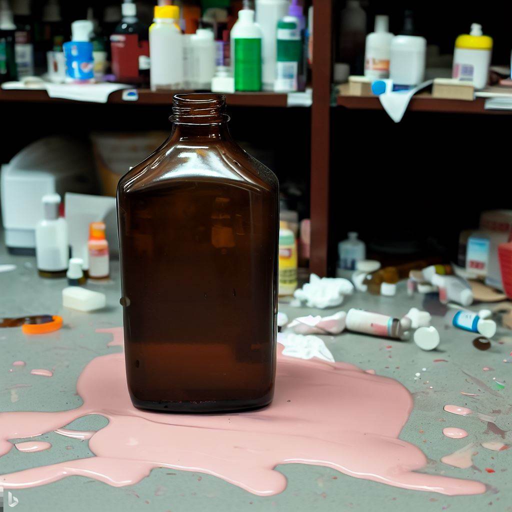 Image of brown vial with pink liquid splattered around it.