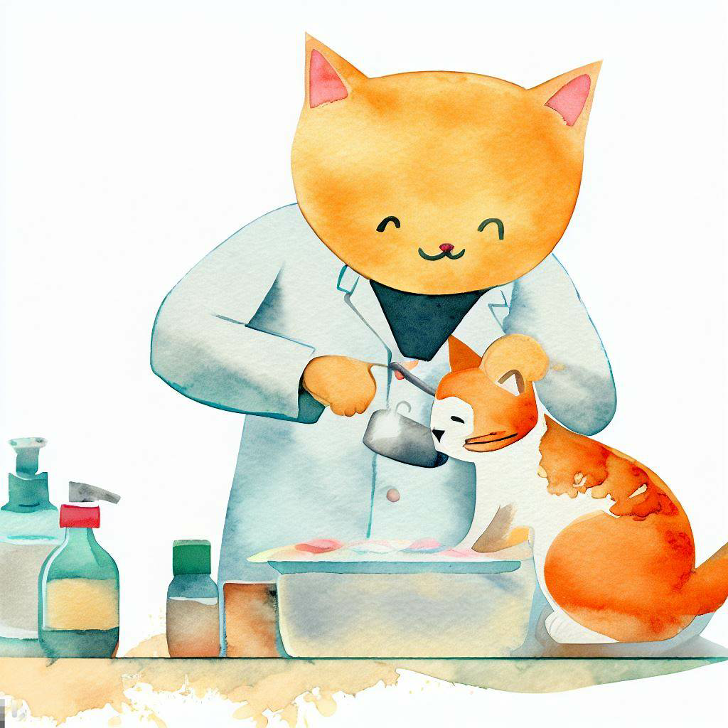 Watercolor cat veterinarian treating smaller cat.