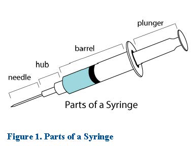 Cartoon showing the sections of a syringe, including needle, hub, barrel, and plunger