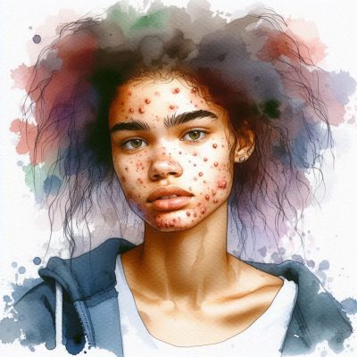 Teenage girl with prominent acne covering her entire face.