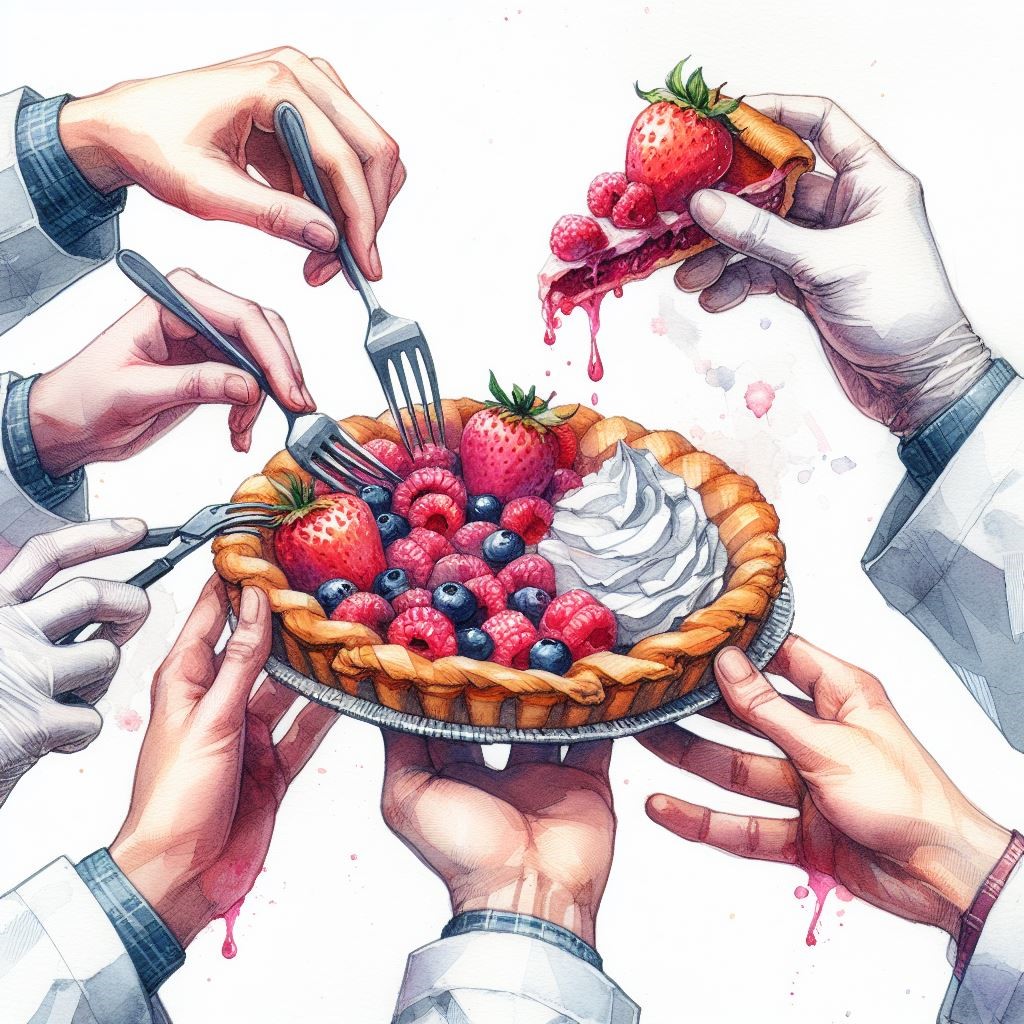 Cartoon showing many hands eating out of the same pie