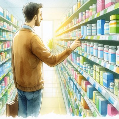 Man in a store aisle, pointing and looking at shelves full of medicine bottles and boxed.
