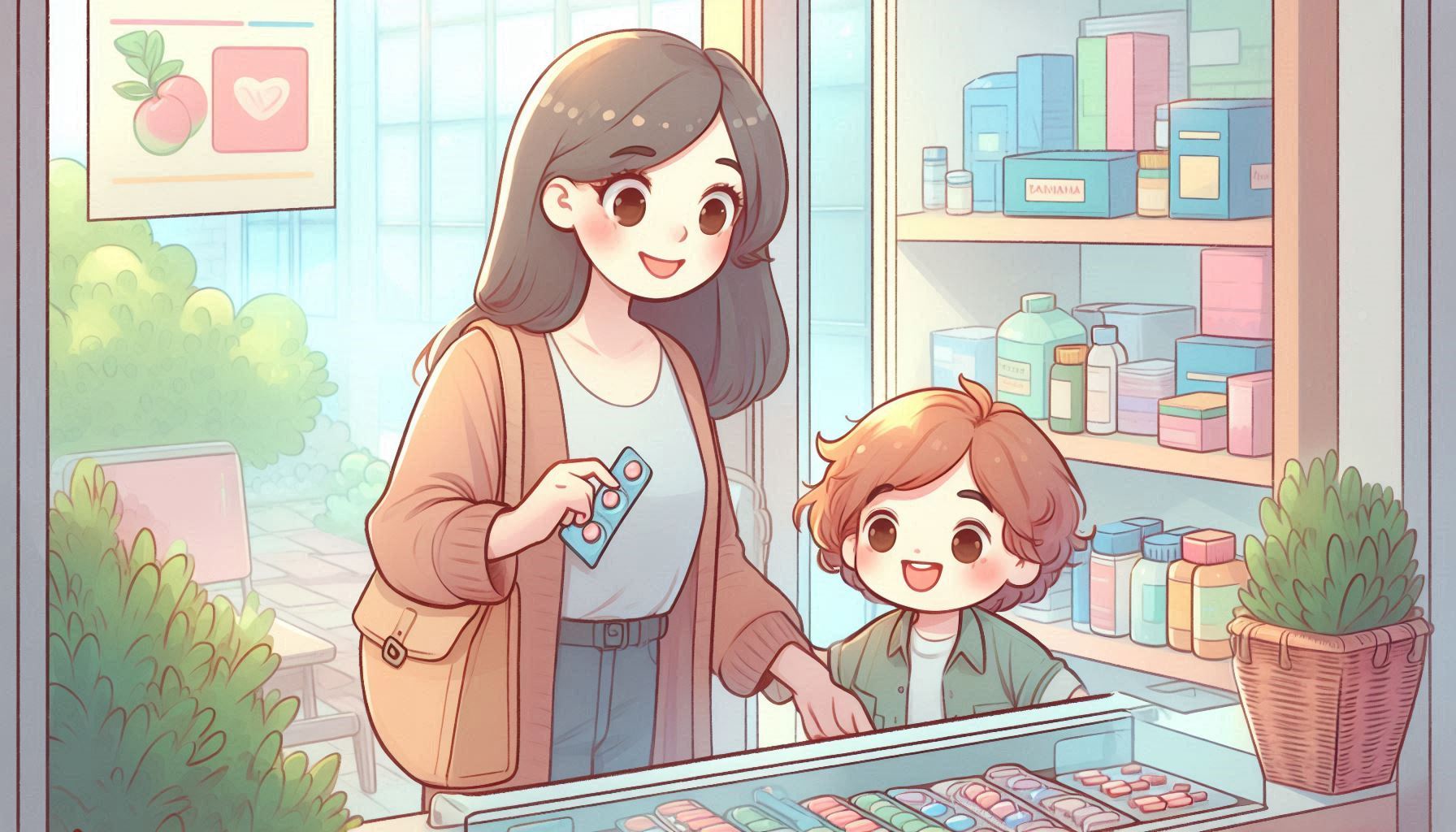 A mother and her son in the pharmacy browsing through over-the-counter medication