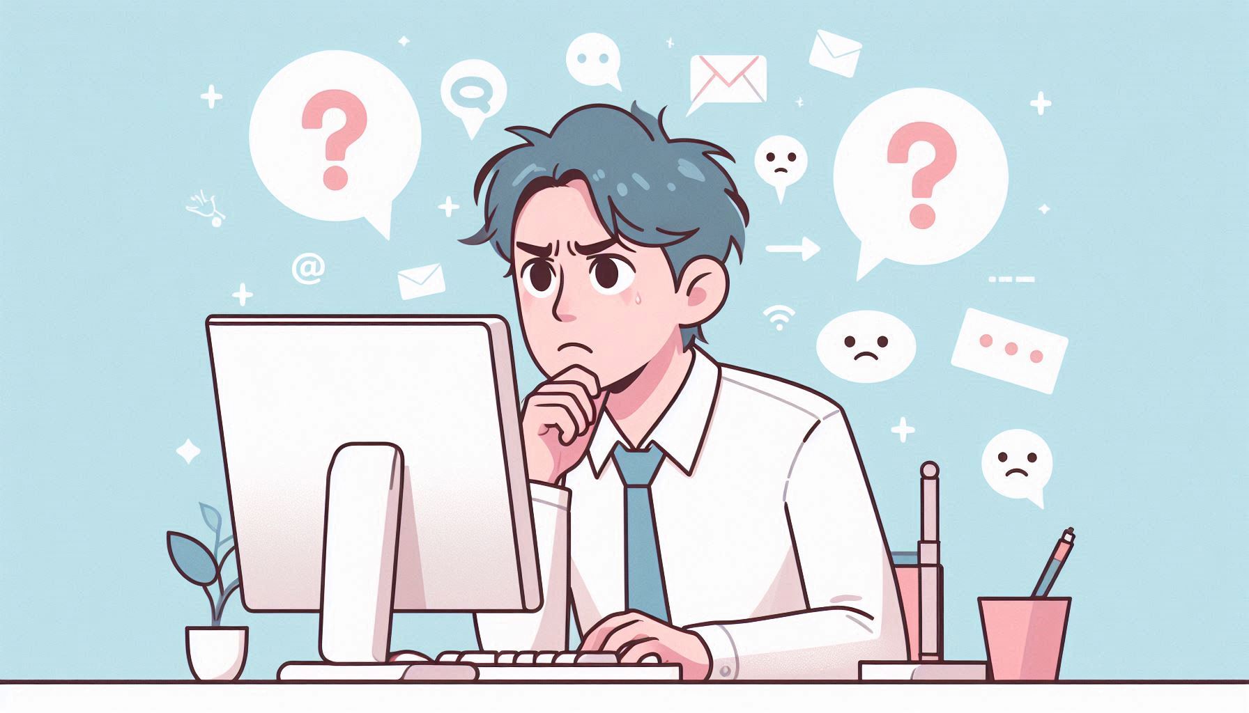 Cartoon of a focused man on his computer surrounded by text bubbles containing sad faces and question marks