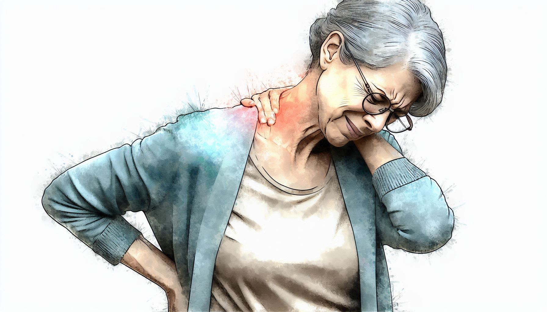 Image of a woman who appears in pain. Woman has a grimaced expression while holding her neck and back.