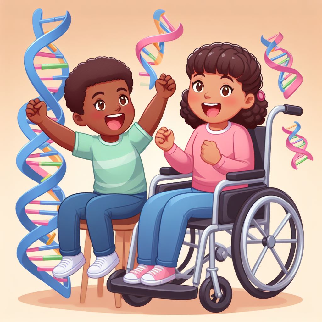 A boy, sitting in a chair, and a girl, in a wheelchair, excited surrounded by multiple DNA strands.