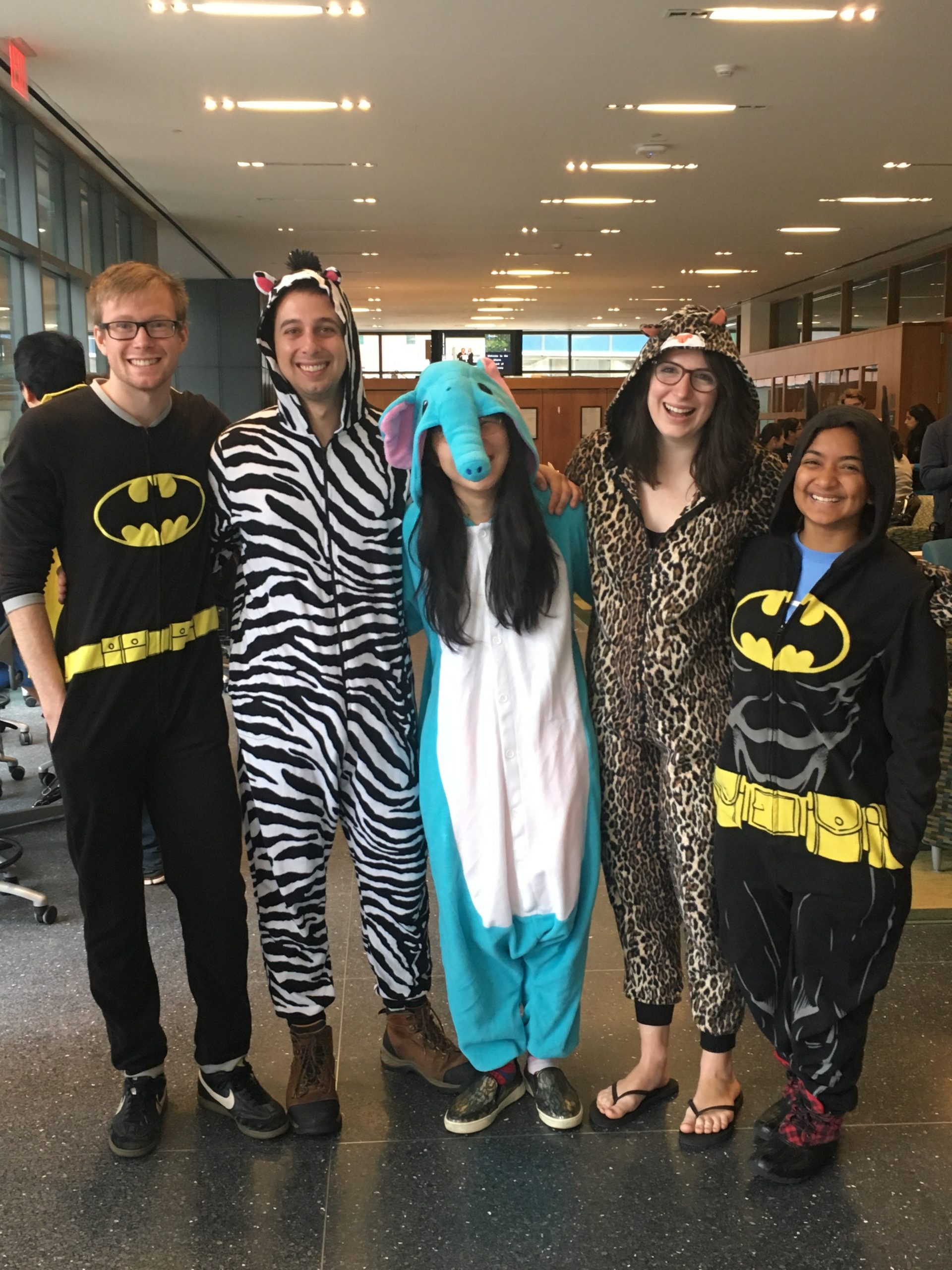 Finals week pajama day left to right. George Bradley, Ryan Pennington, Belinda Sam, Kayla Sgarlata, and Umbreen Majid