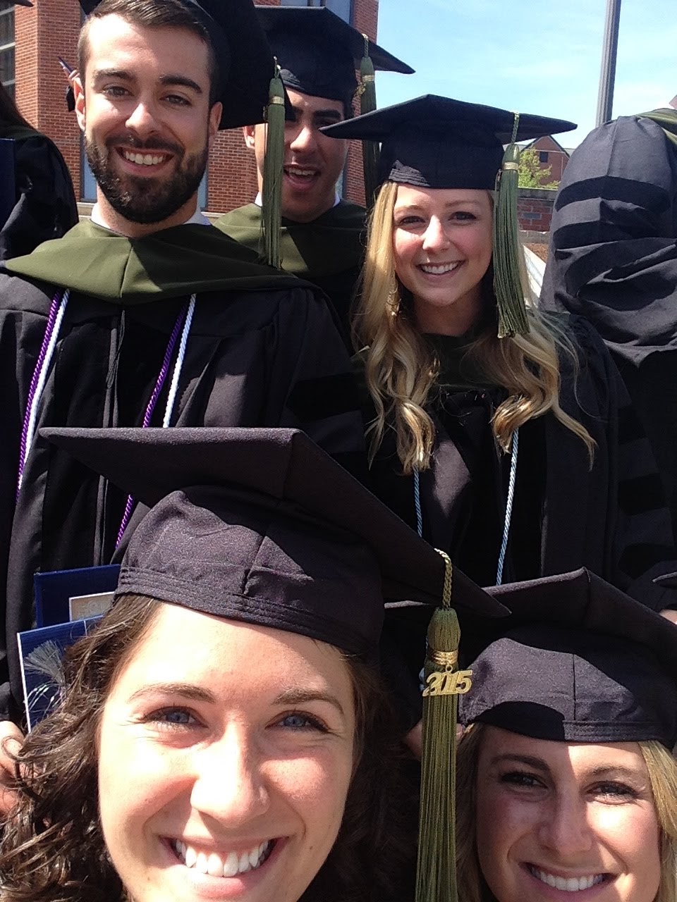 Class of 2015 PharmD graduation picture featuring Alec Fouche, Elaine Costick, Rob Brunault, Kathleen (Adams) Brunault, Rachel (Babineau) Croce