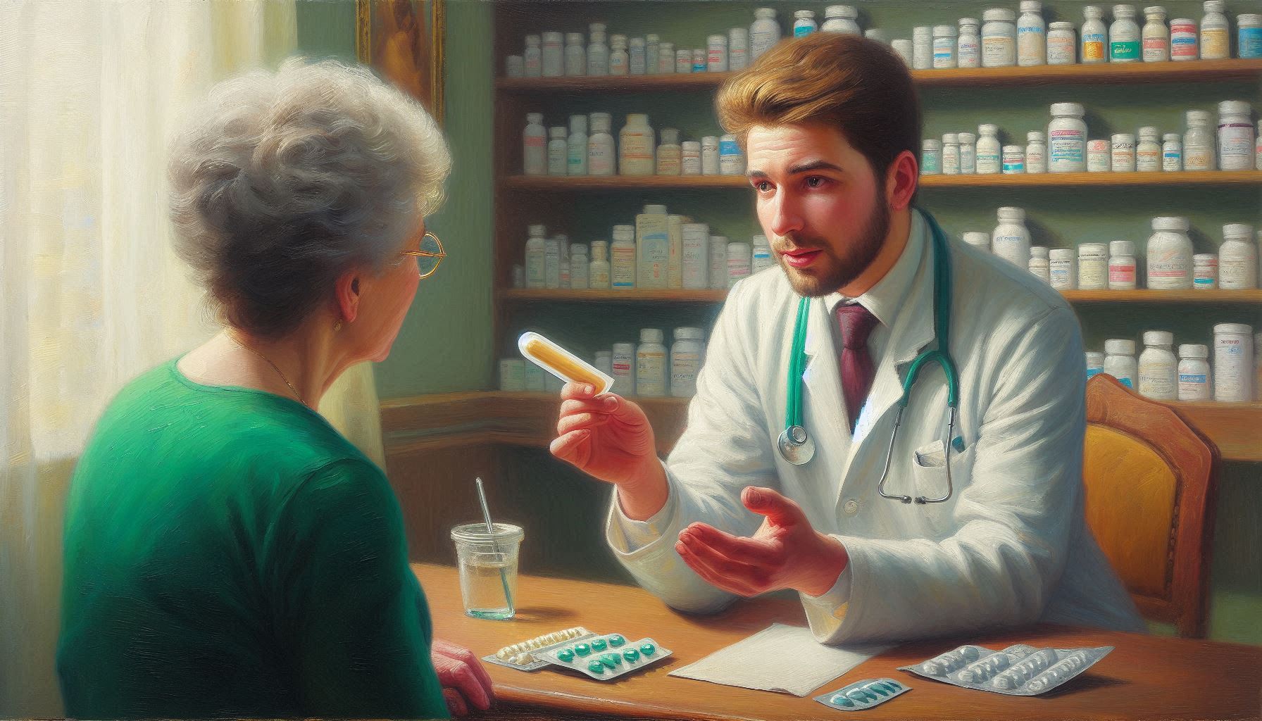 Male pharmacist counseling an elderly female patient on a medication.