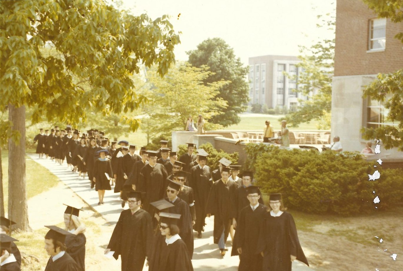 School of Pharmacy class of 1970 heading to the graduation ceremony. The first pharmacy class to graduate from the "new" five-year pharmacy program