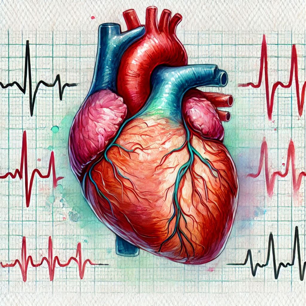 Anatomical structure of the heart centered in front of multiple electrocardiogram readings.