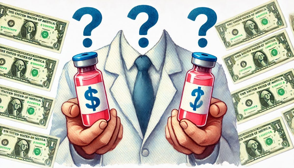 Person wearing a white coat surrounded by one dollar bills holding two vials marked with dollar signs