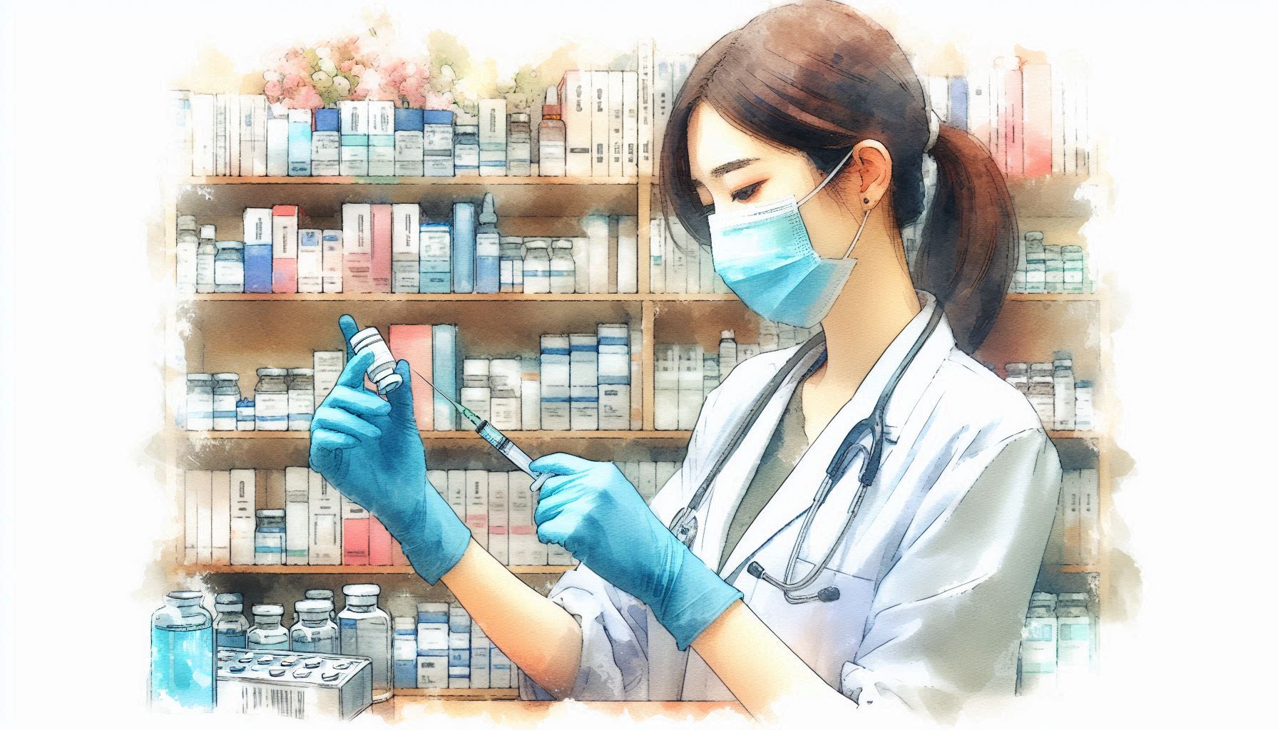 Female pharmacist wearing a mask and gloves using a syringe to draw up an immunization from a vial in a pharmacy. 