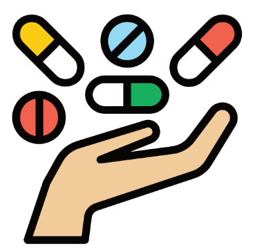 Multi-colored tablets and capsules floating over a cartoon hand