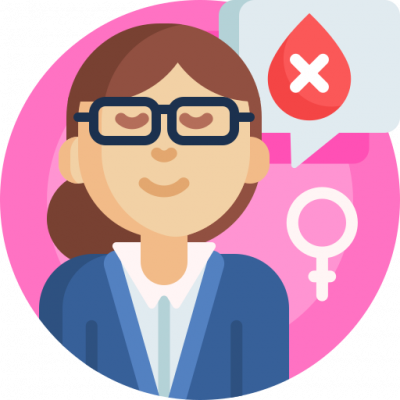 Women with glasses, smiling with her eyes closed. There is a pink circle surrounding her with the female gender symbol. A text box floats above her with a an "X" on top of a drop of blood. 