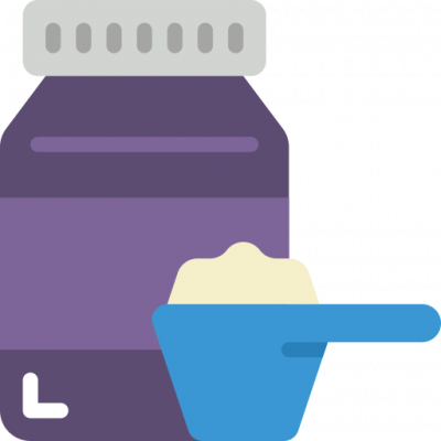 A blue scooper, which contains protein powder, sits in front of a purple container with a grey lid. 