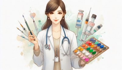 Pharmacist holding a paint brush and palette with insulin vials and syringes surrounding her.