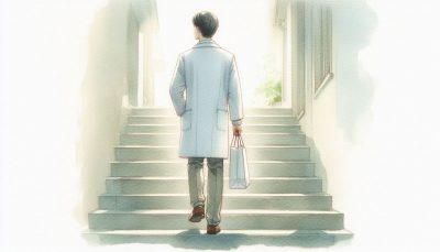 Watercolor of a pharmacist walking up a flight of stairs carrying a bag of purchased items. His back is to the reader, heading towards the bright outdoors.