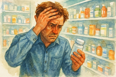 A man holds his head with stress and worry while looking at the label of a prescription bottle.