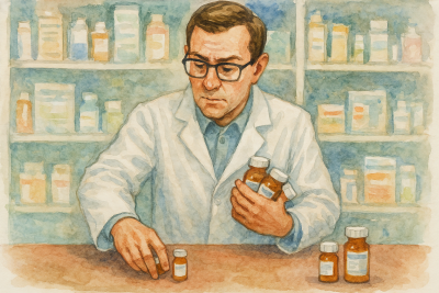 a pharmacist is sorting different size pill bottles on the counter, holding three of them close to his chest