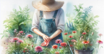 a watercolor of a person who paused gardening to scratch at a red area of their wrist.