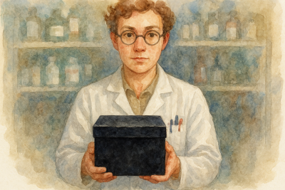 a pharmacist stands among the stocked shelves holding up a closed black box.