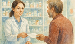 a friendly pharmacist is handing a patient their patient package insert