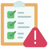 a clipboard with a checklist of requirements and red warning symbol on the bottom right
