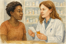 a pharmacist counsels a young patient about a new prescription