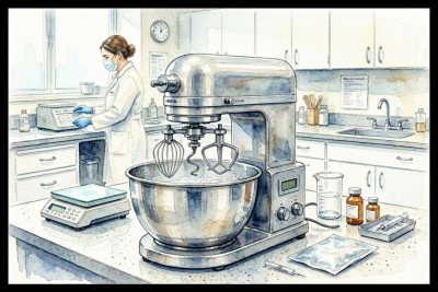 a masked woman in a lab coat is measuring with gloved hands in the background with a shiny chrome kitchen mixer in the foreground.