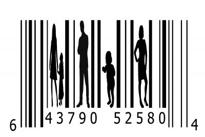 A barcode with silhouettes of men, women, and children built into the lines