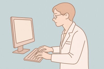 cartoon of a person standing at a computer and typing at the keyboard