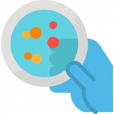 a cartoon of a blue gloved hand is holding up a petri dish with a few red and orange dots representing parasites.