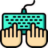 cartoon of a computer keyboard with two hands poised over, pointer fingers extended