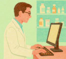 cartoon of a pharmacist standing at a counter, looking at a computer screen with his hands typing on a keyboard