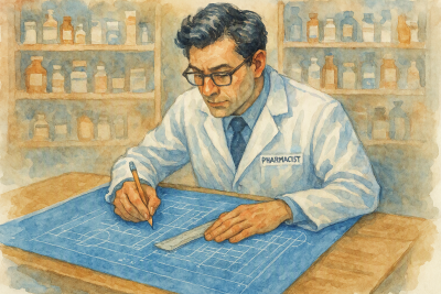 A man is adding notes to a blue paper set on a table, using a pencil