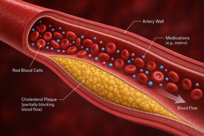 A cross section of an artery with labeling on the artery wall, red blood cells, and cholesterol plaque partially blocking blood flow