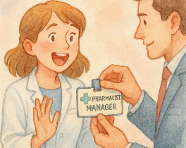 A woman is very excited to be promoted to pharmacy manager