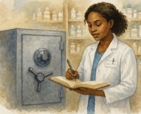 A pharmacist fills out a logbook after accessing the substance controlled safe