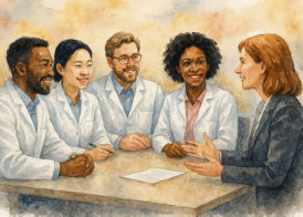 Four pharmacists happily attend the monthly meeting with the pharmacy manager