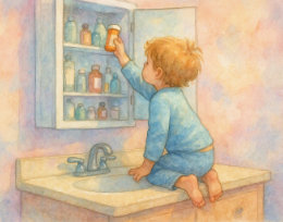 A child is kneeling on the bathroom sink while reaching into the medicine cabinet and taking out a prescription bottle