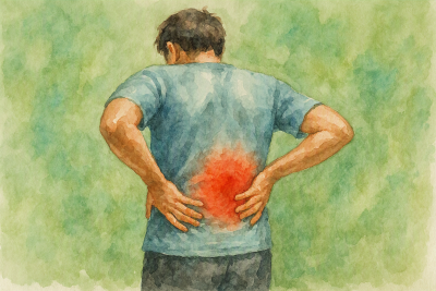 a man is turned away in pain, holding this lower back with his hands. A red area glows through his shirt denoting pian.