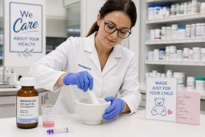 A pharmacist is compounding on a clean workspace with gloves on.